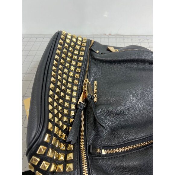 Michael Kors Black Leather Studded Rhea Zip Backpack Gold Hardware - Picture 5 of 11